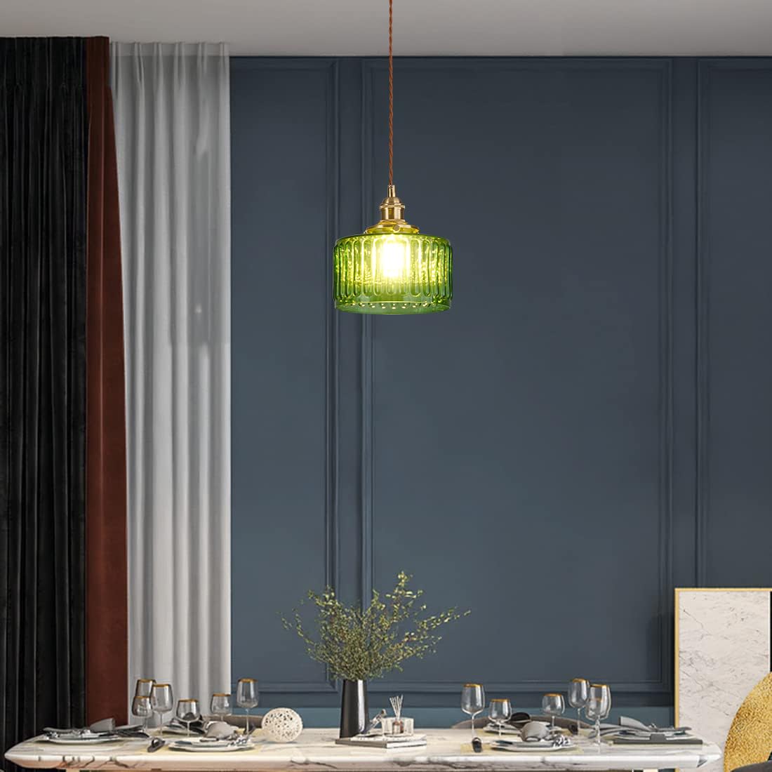 Green Pendant Light Fixtures Striped Glass One-Light Mid Century Ceiling Hanging Light S