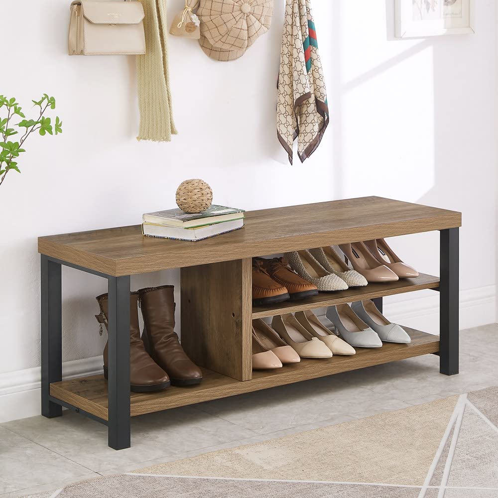 Industrial Entryway Bench, Rustic Wood and Metal Shoe Storage Bench