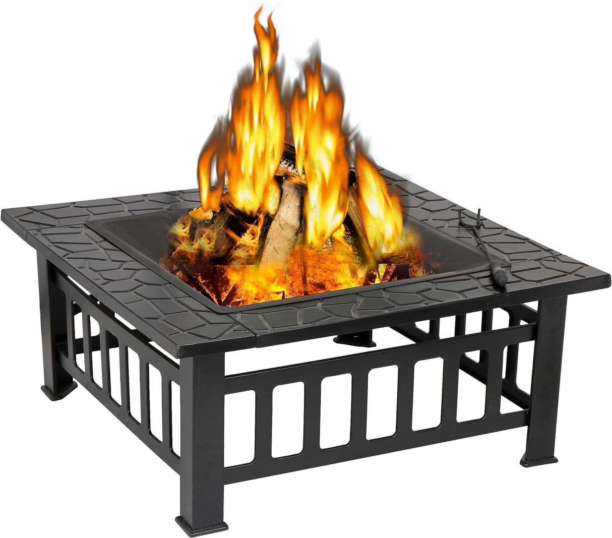 F2C 32 inch Outdoor Fire Pit Square Fireplace Metal Wood Burning Stove w/Waterproof Cover Poker, Patio Backyard Travel Camping BBQ Wood Burning - Bircata