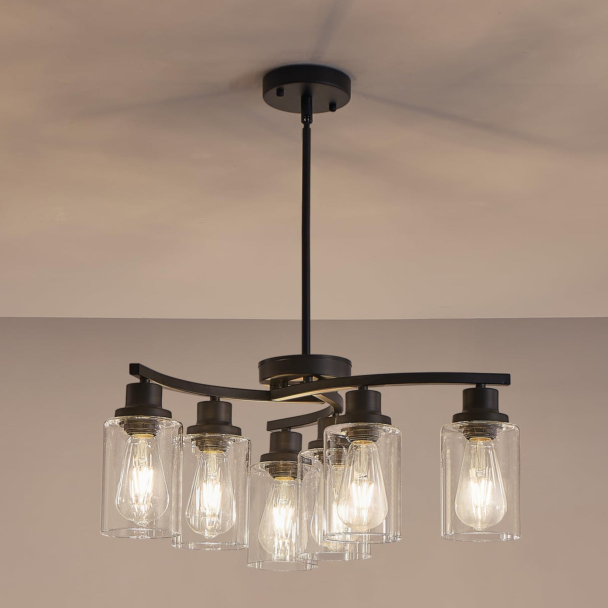 OTeedo 6-Light Modern Farmhouse Black Chandeliers for Dining Room,Kitchen Black Chandeliers Over Table,Adjustable Height Hanging Whirlwind Pendant Lights,Clear Glass Shade Ceiling Light Fixture