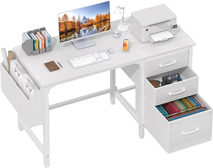 White Computer Desk with Fabric File Drawers Cabinet, 47 Inch Home Office Desks