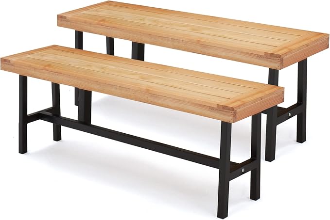 Outdoor Wood Benches Set of 2, Patio Wooden Picnic Bench Waterproof