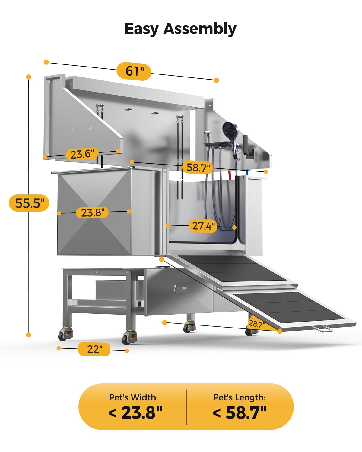 61" Professional Dog Washing Station - Stainless Steel with Ramp & Wheels