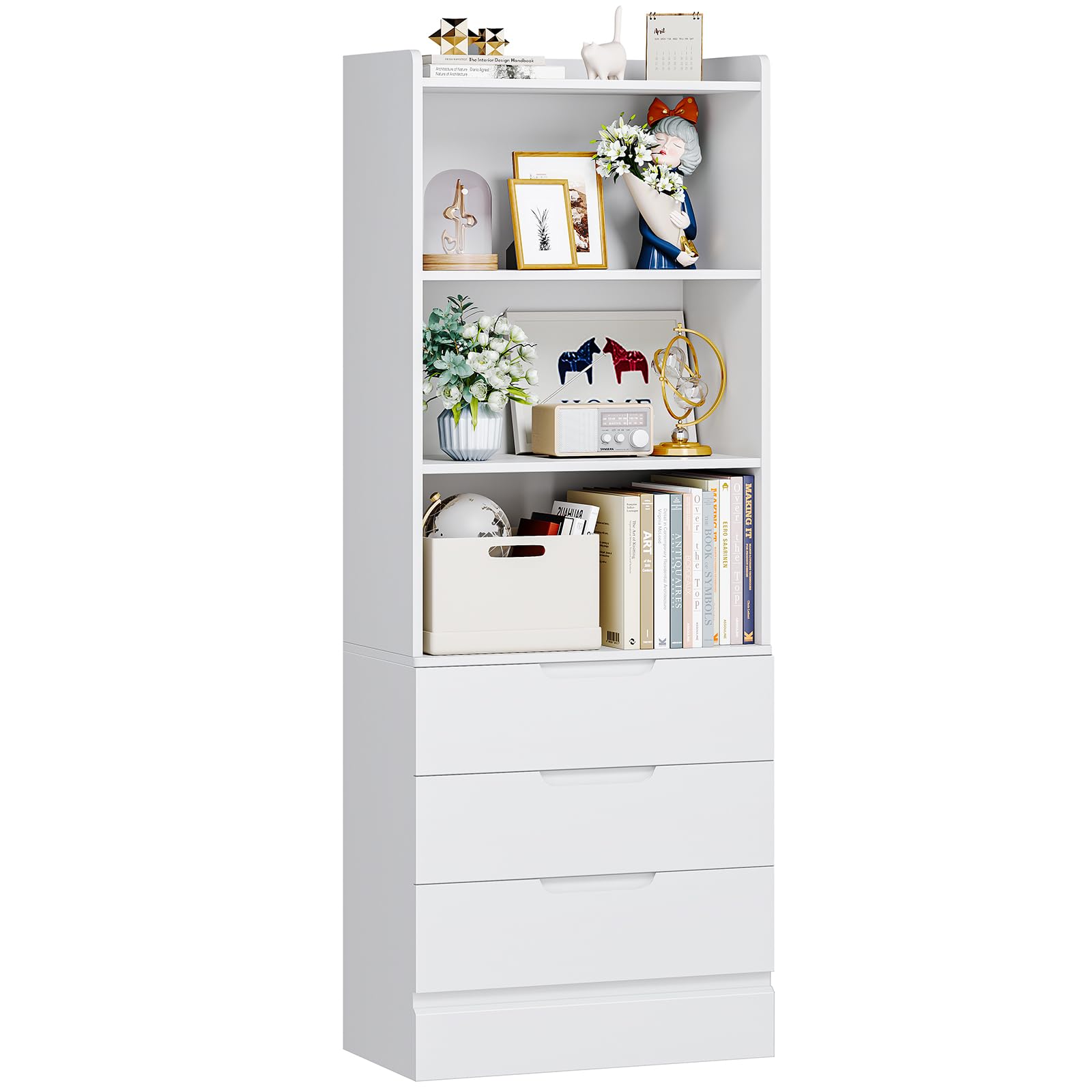 Tall Bookshelf with Drawers Bookcase with 3 Drawers and 3-Tier Open Shelves