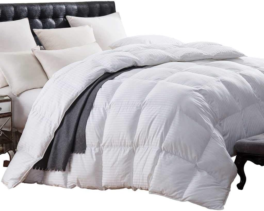 Size 1200 Thread-Count Siberian Goose Down Comforter, 100% Egyptian Cotton, White Stripe, 50Oz