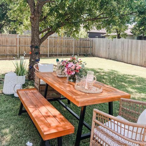 Outdoor Acacia Wood Bench, 63" Long Patio Wooden Picnic Bench