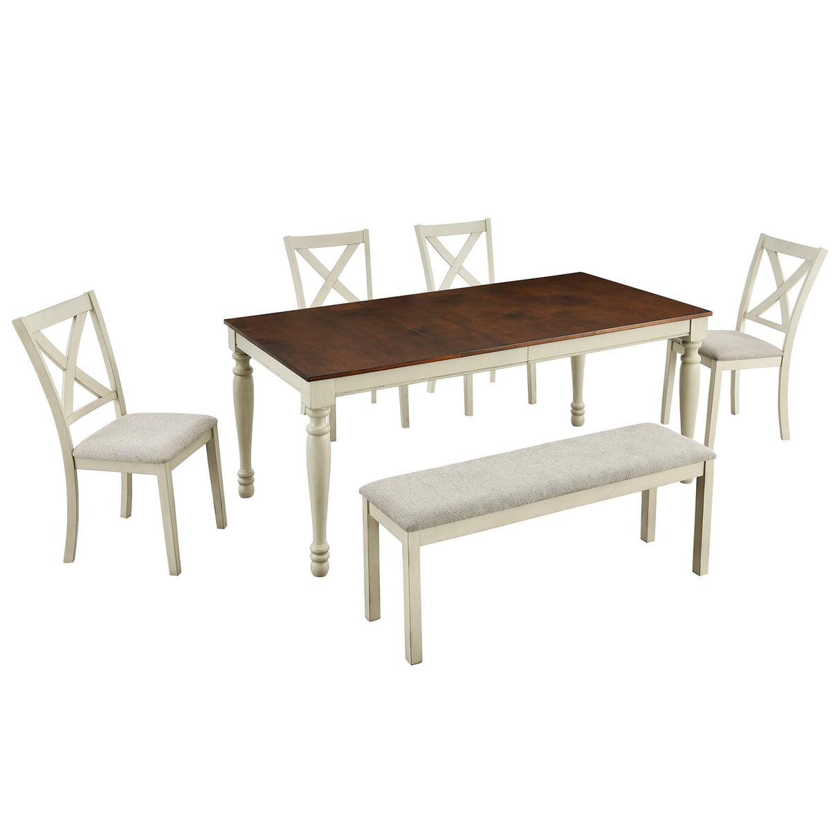 71" Solid Wood Dining Table Set, Large Dining Table with 4 Upholstered Chairs & 1 Long