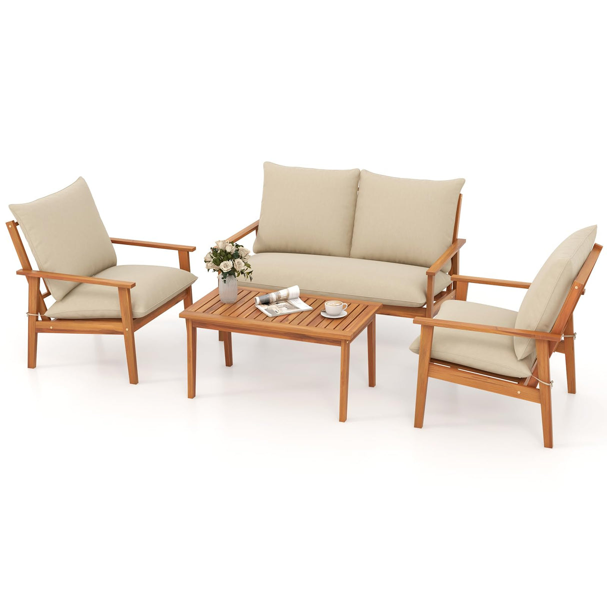 4 Pieces Patio Furniture Set, Outdoor Acacia Wood Conversation Set