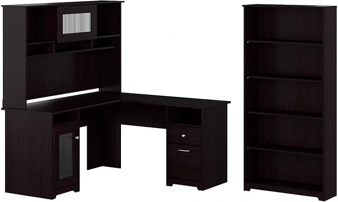 Furniture Cabot 60W L Shaped Computer Desk with Hutch and 5 Shelf Bookcase in Modern