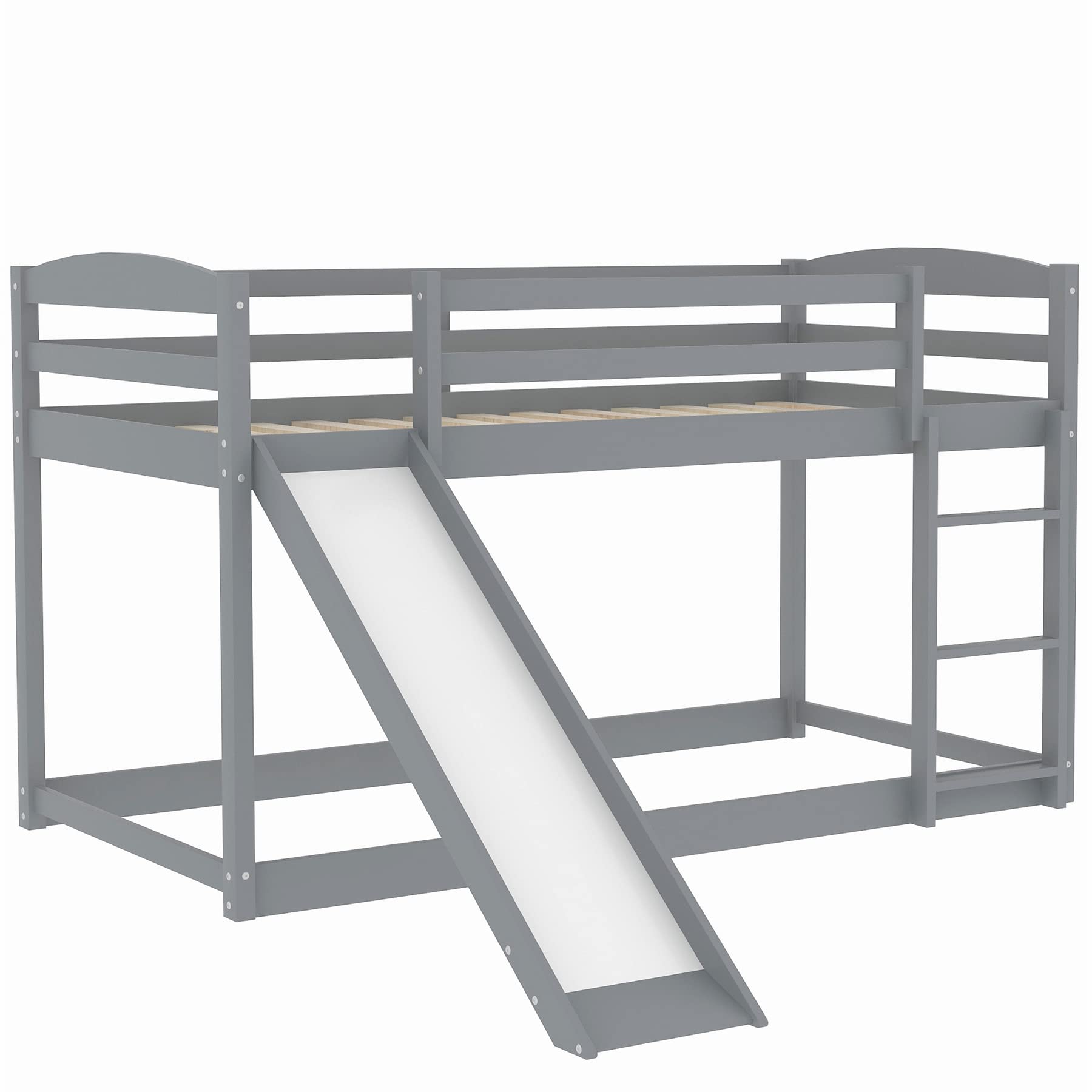 Twin Over Twin Floor Bunk Bed with Convertible Slide and Ladder, Wood Low Bunk Bed Frame for Boys Girls