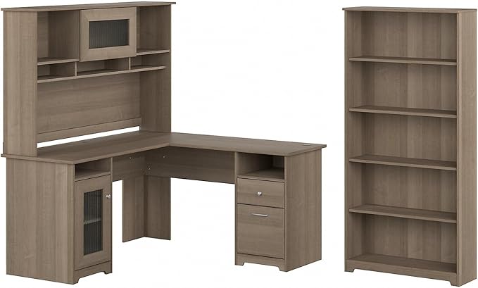 Furniture Cabot 60W L Shaped Computer Desk with Hutch and 5 Shelf Bookcase in Modern