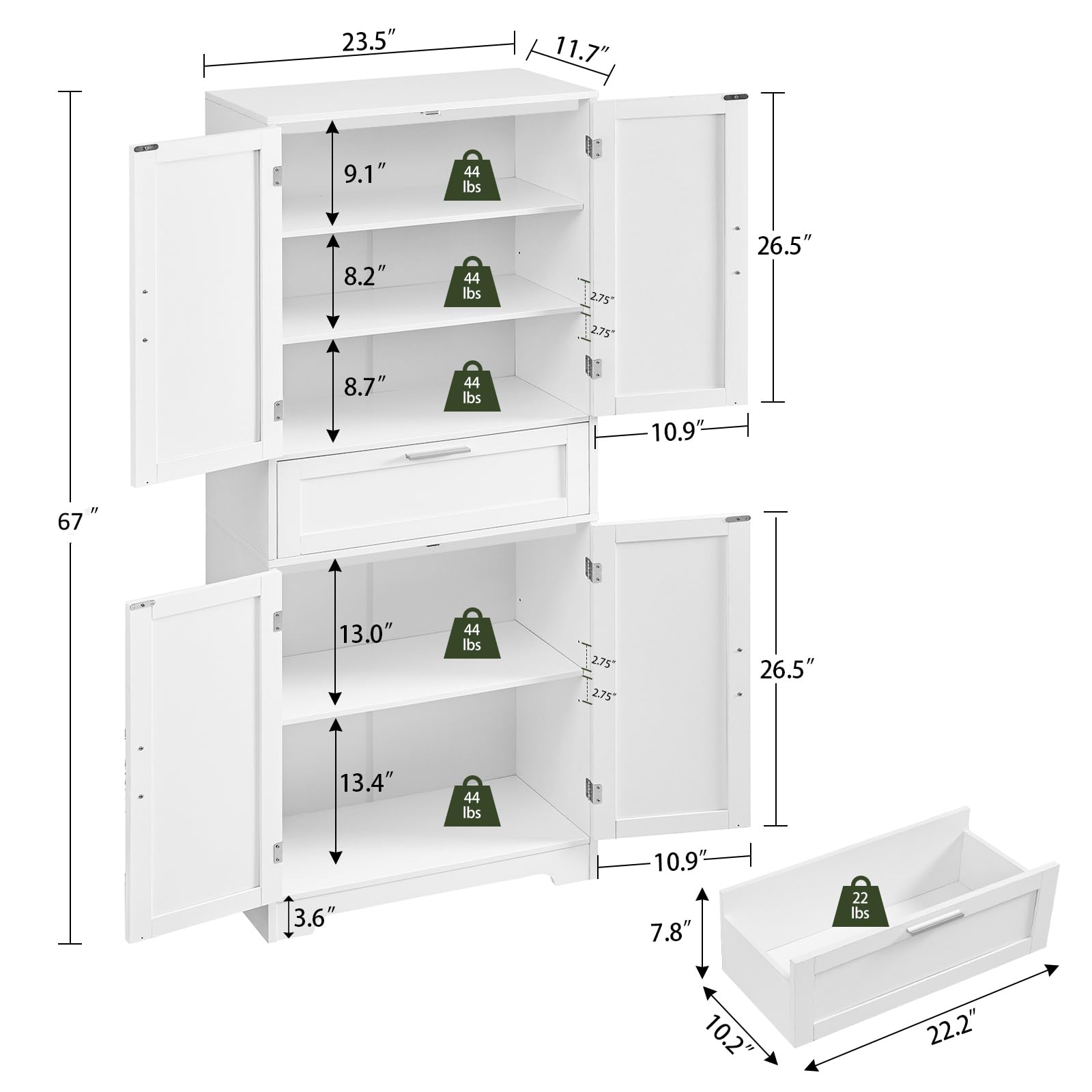 H Tall Storage Cabinet, Pantry Cabinet with 1 Large Drawer & 2 Adjustable Shelves,Tall Cabinet, Freestanding Cupboard