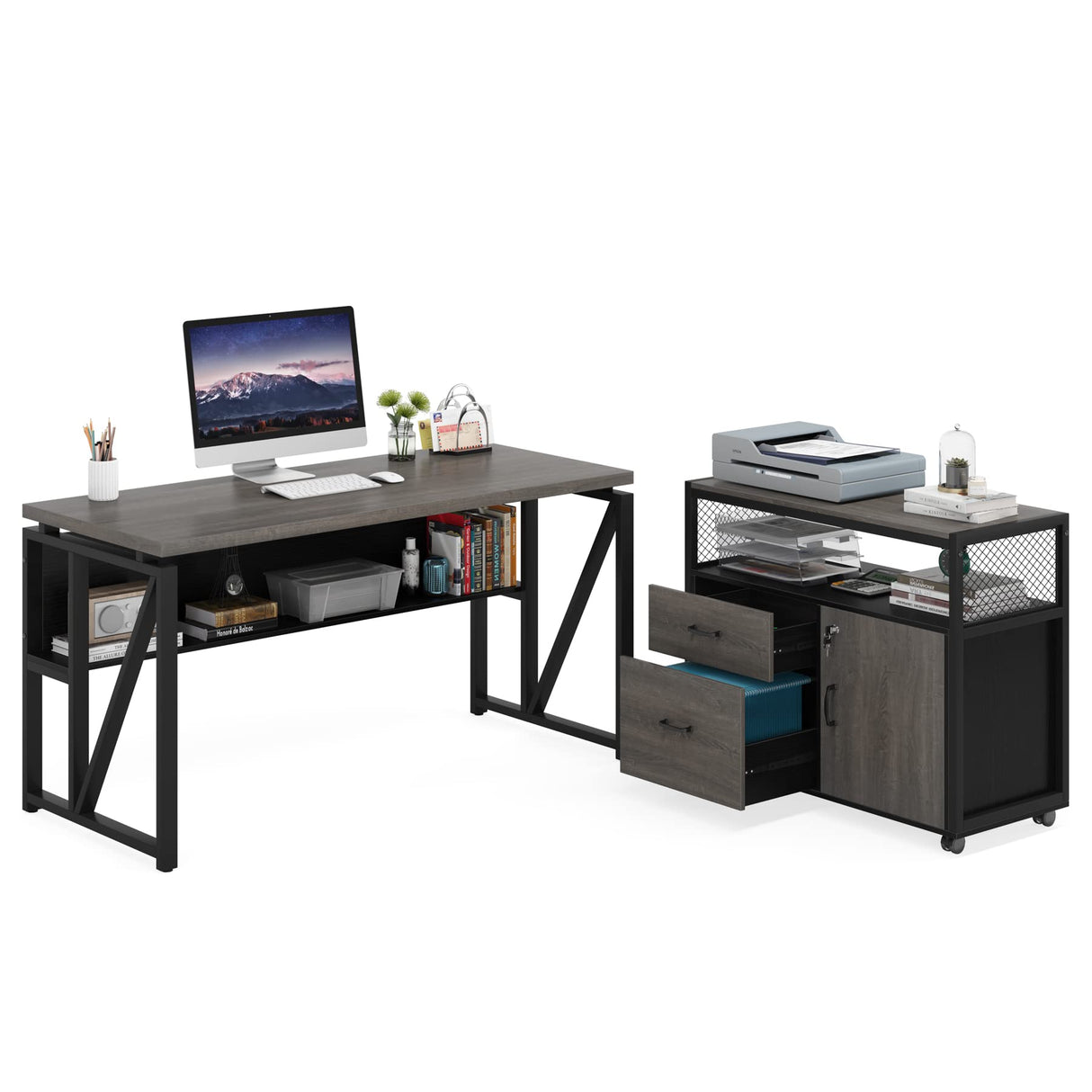 55-Inch L Shaped Office Desk with Drawers & Storage Shelves