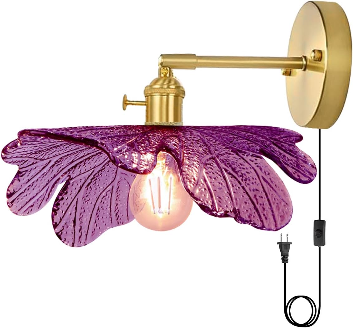 Glass Plug in Wall Light Mid Century Modern Wall Sconce Purple Flower Shade On/Off Switch Gold