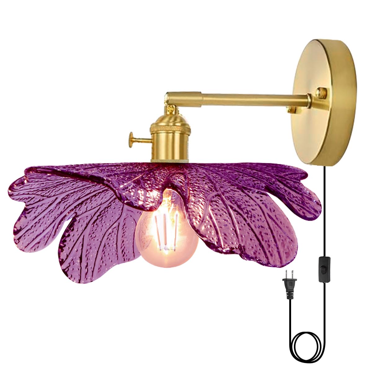 Glass Plug in Wall Light Mid Century Modern Wall Sconce Purple Flower Shade On/Off Switch Gold