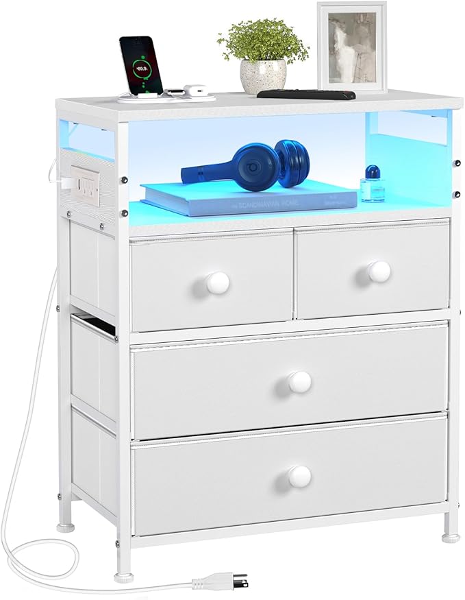 Nightstand with Charging Station, Bedside Table with 4 Drawers and 2-Tier Shelf, Modern