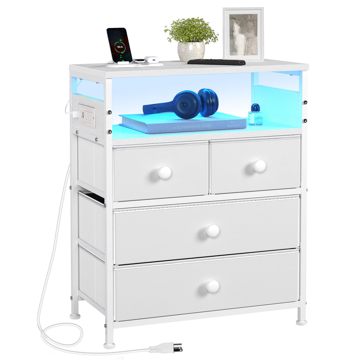 Nightstand with Charging Station, Bedside Table with 4 Drawers and 2-Tier Shelf, Modern