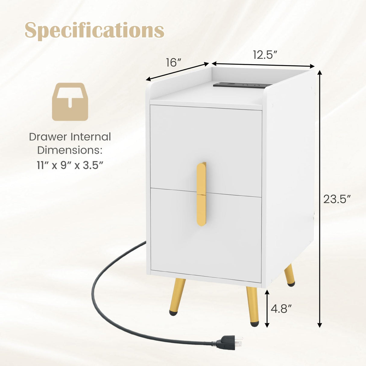 Nightstand with Charging Station, Narrow End Table with 2 Drawers & Metal