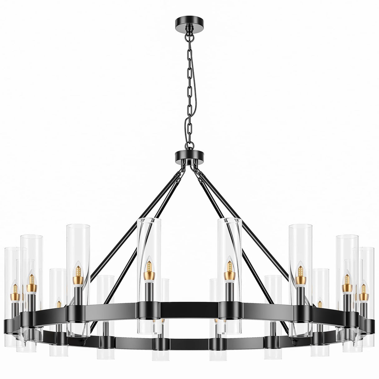 48 Inch Black Wagon Wheel Chandelier with Glass Shade, 16 Lights, Modern Farmhouse