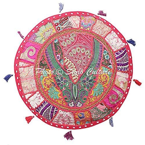 Pouffe Ottoman Cover Round Patchwork Embroidered Pouf Pink Cotton Floral Traditional