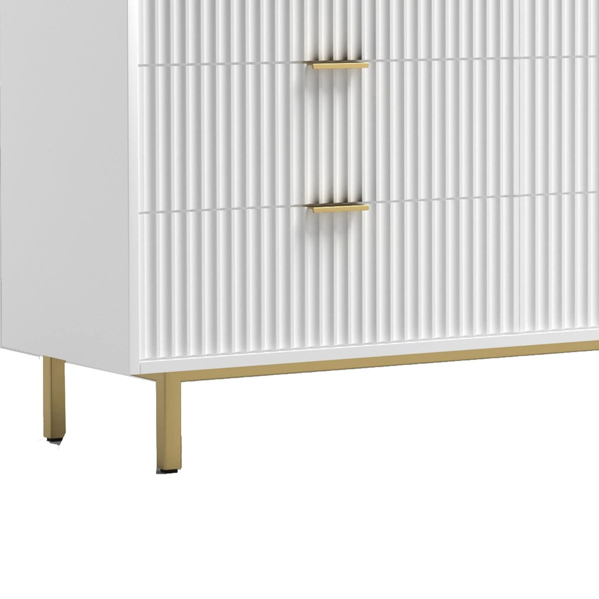 Beth 56 Inch 6 Drawer Dresser, Corrugated Panels, Mahogany Wood, White and Gold