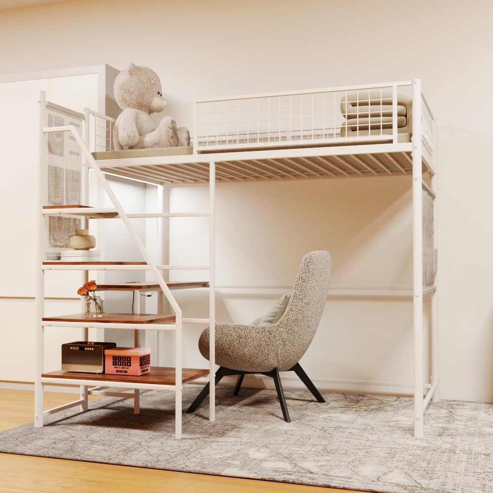 Twin Loft Bed with Desk, Charging Station, LED Lights & Storage – Perfect for Teen Bedrooms,