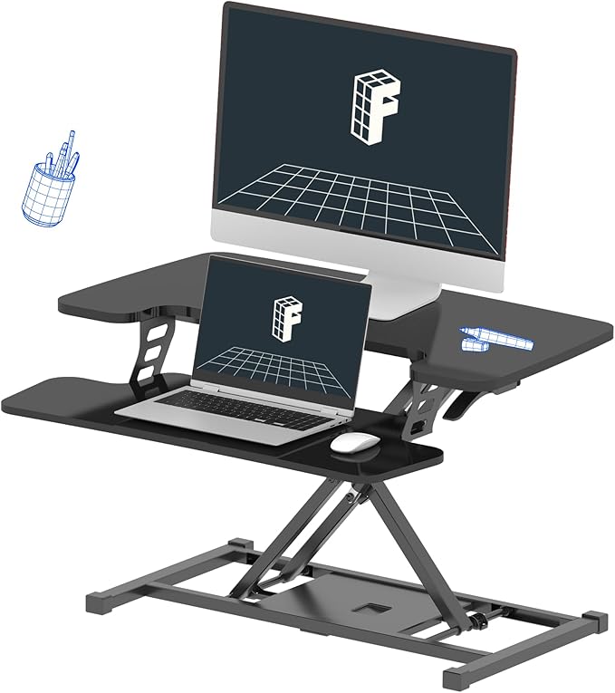 Standing Desk Converter 42 inch Spacious Sit to Stand up Dual Monitor and Laptop Desk Riser, Big Size Tabletop Workstation with Large Keyboard Tray, Black