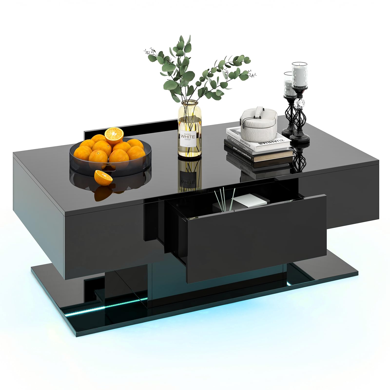 LED Coffee Table with 2 Drawers, High Glossy Modern Center Table