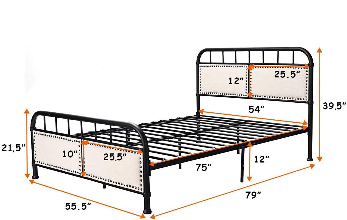 Metal Bed Frame, Full Size Bed Platform with Comfortable Upholstered Headboard