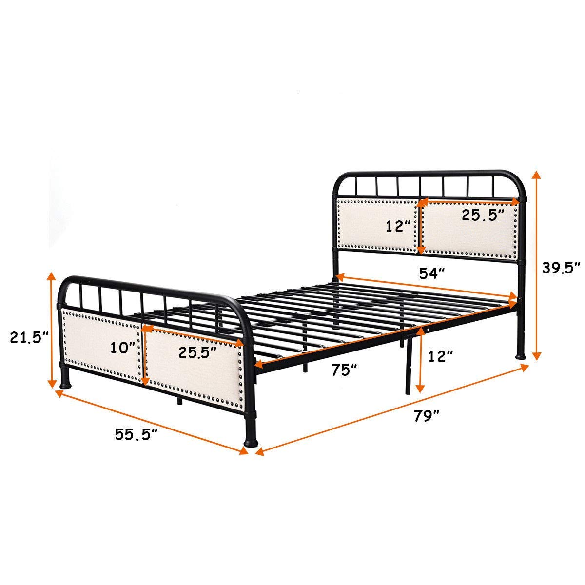 Metal Bed Frame, Full Size Bed Platform with Comfortable Upholstered Headboard
