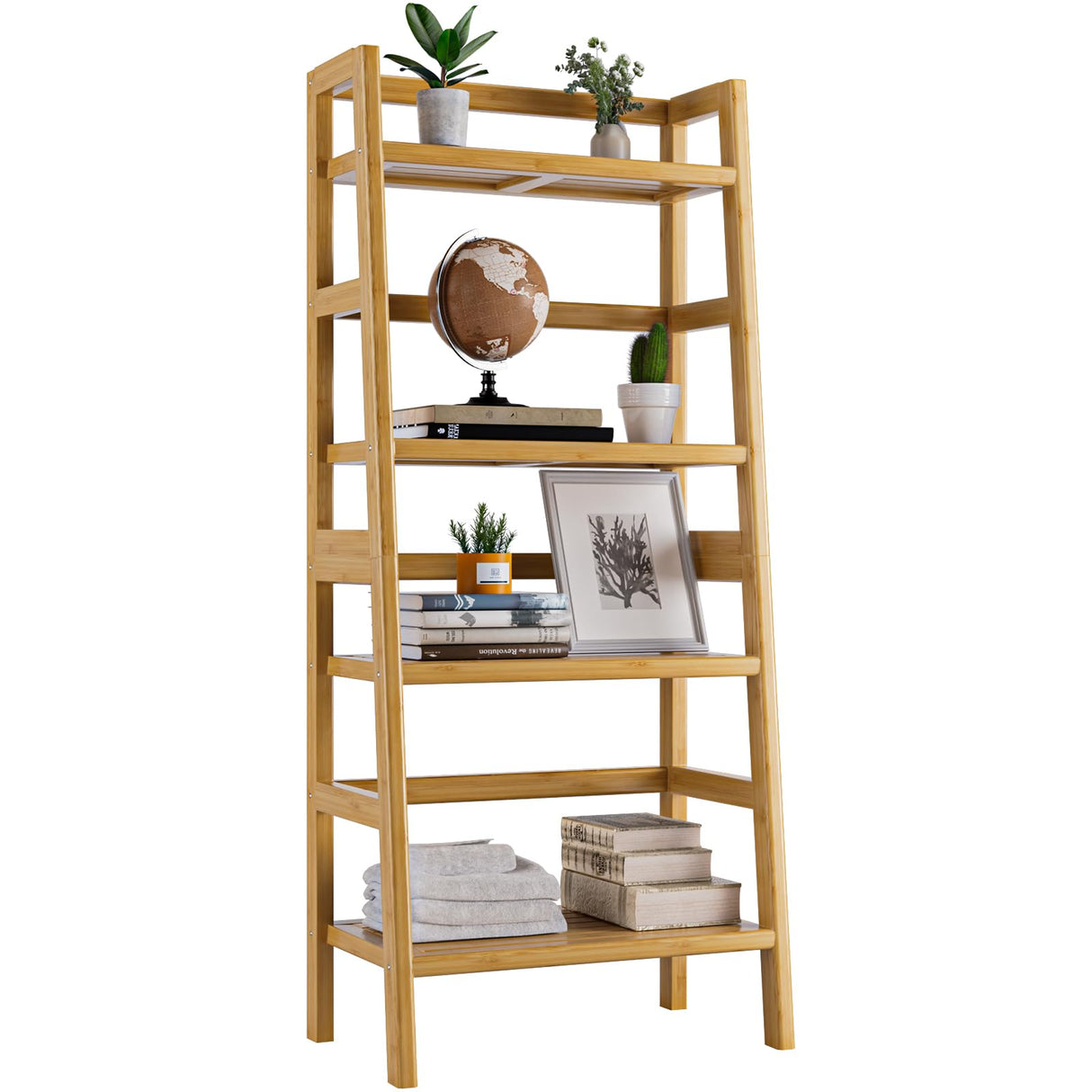 Ladder Shelf, 4-Tier Bookshelf, Bamboo Leaning Bookcase, Display Storage Rack Organizer, Freestanding Flower Plant Stand for Living Room, Home Office, Kitchen, Natural