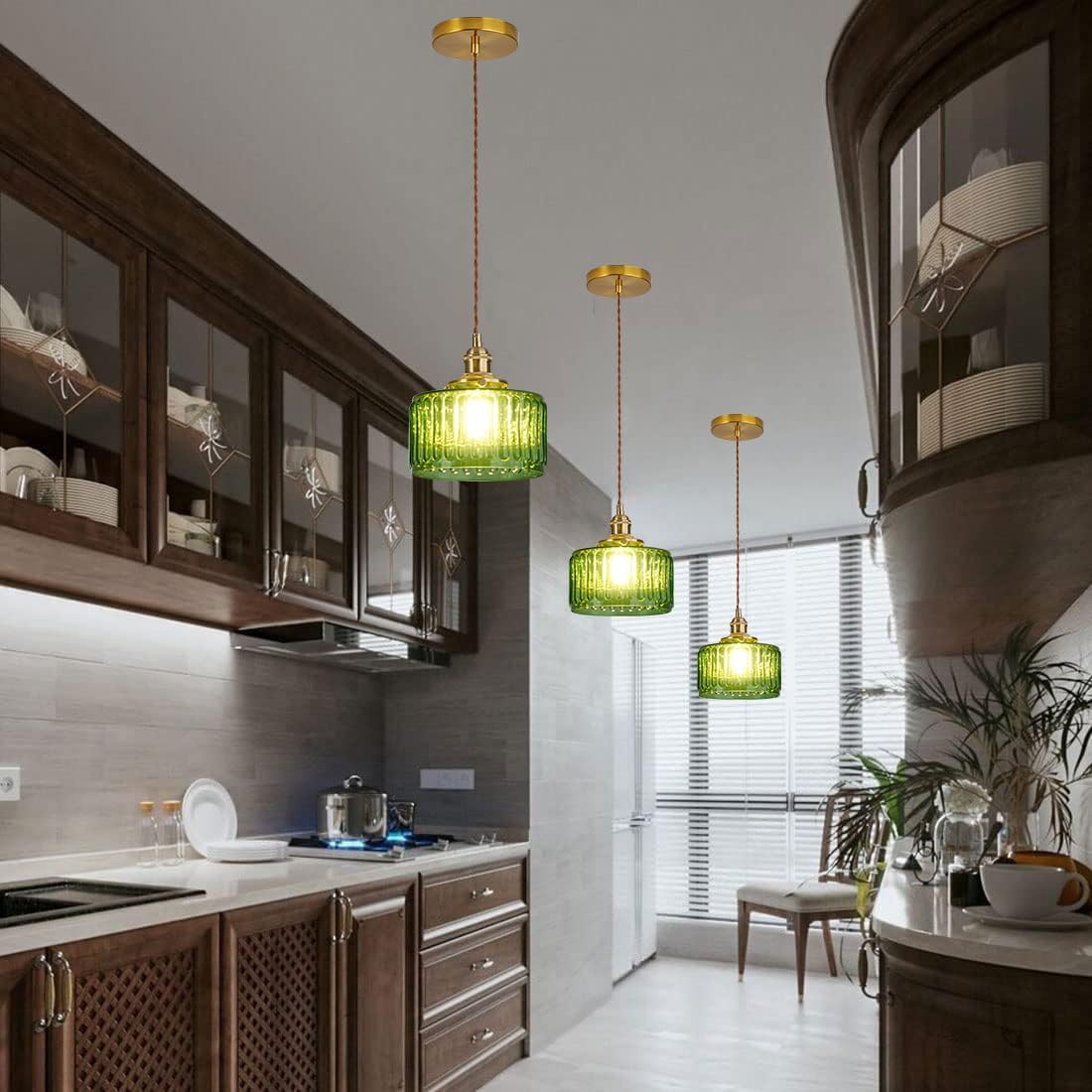 Green Pendant Light Fixtures Striped Glass One-Light Mid Century Ceiling Hanging Light S