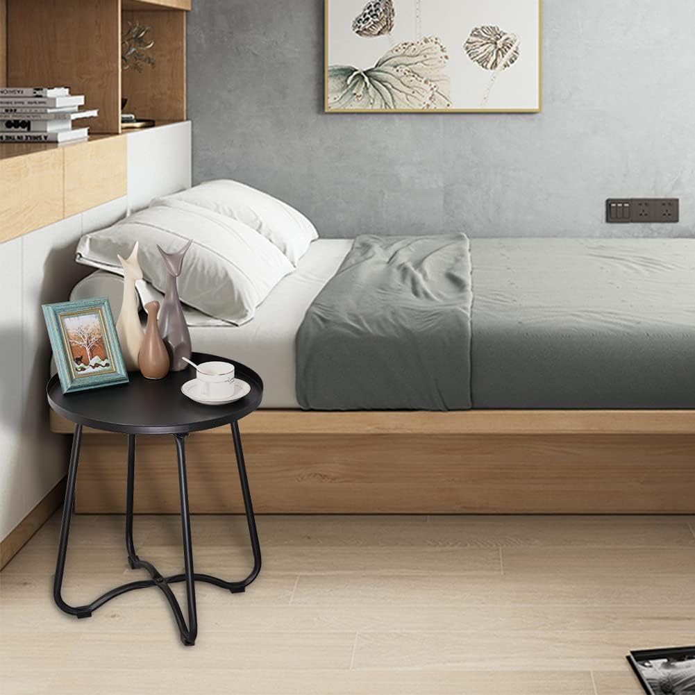 Round Metal Patio Side Table Black Outdoor End Table, Tray Top End Table