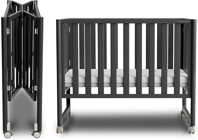 EvoNook 6-in-1 Convertible Mini Crib - Easy Assembly, Portable Folding Baby Mini Crib with Wheels, 100% New Zealand Pinewood, 4 Adjustable Mattress Heights, Washed Nature with Wheels