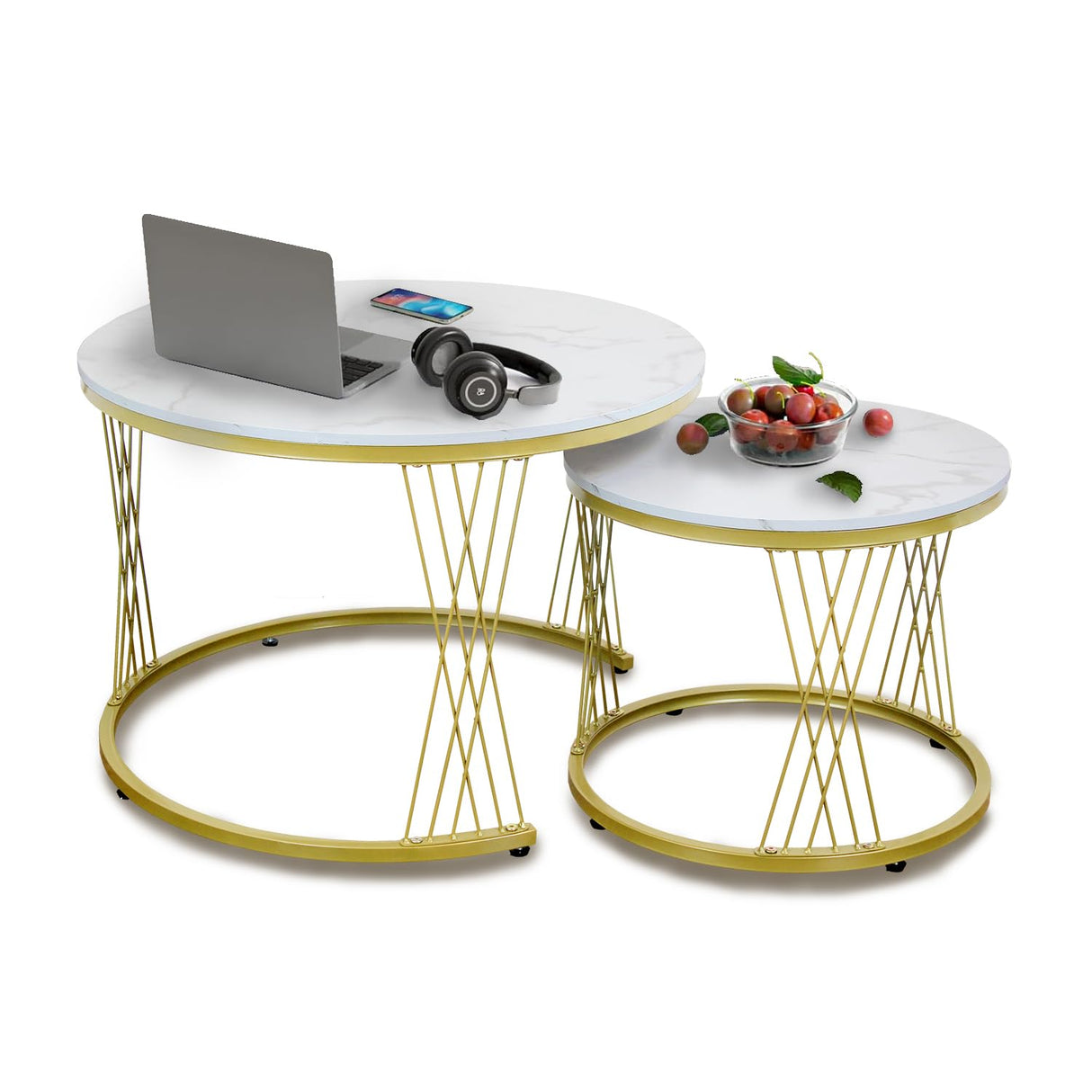 Nesting Coffee Table Set of 2, Round Side Tables for Living Room, Apartment (Gold)
