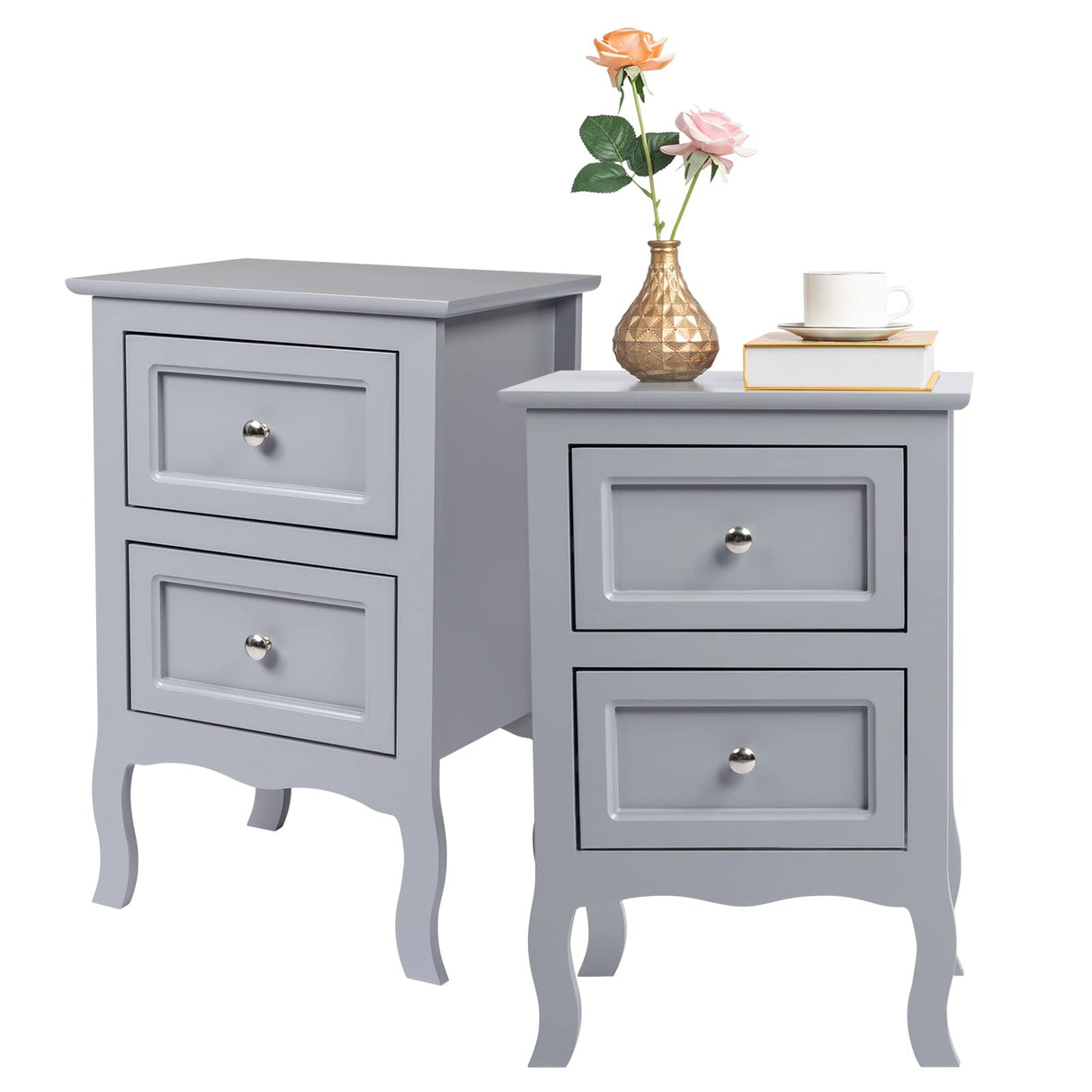 Gray Nightstand Set of 2, Nightstands with 2 Drawers, Bed Side Table/Night Stand