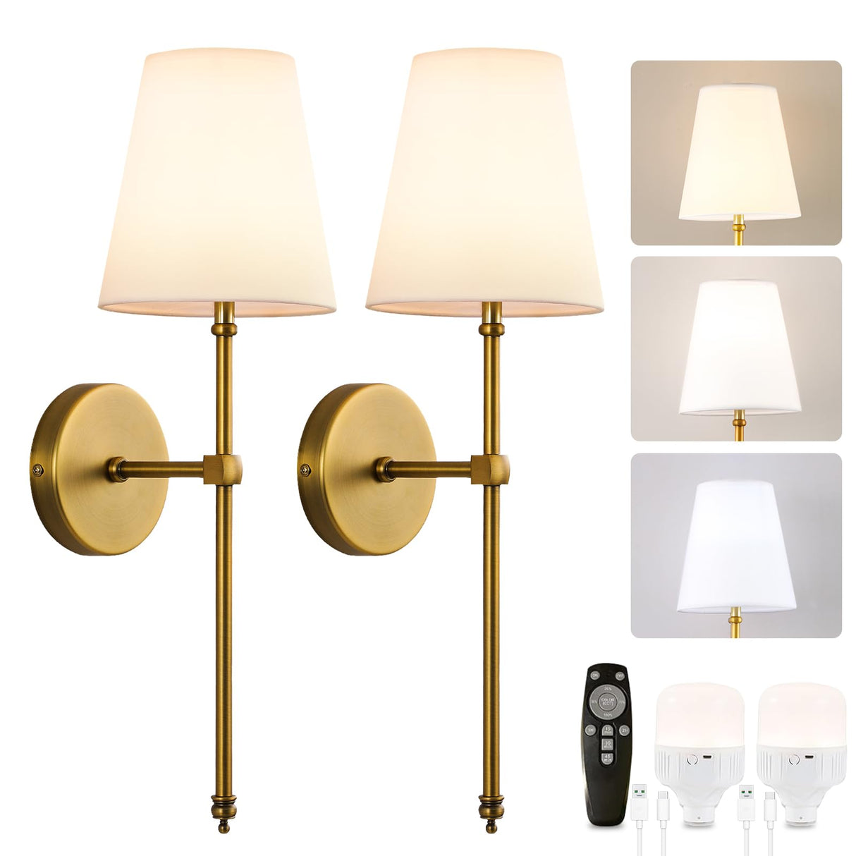 DIMMABLE Battery Operated Wall Sconces Set of 2, Rechargeable Wireless Gold Wall Lighting