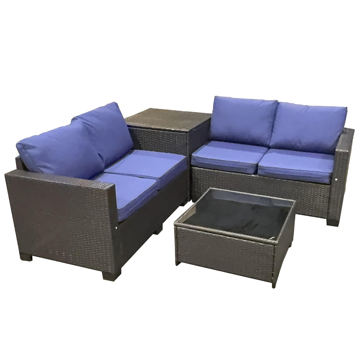 4-Piece Outdoor Patio Furniture Set with Glass Table and Storage Box - Blue Cushions