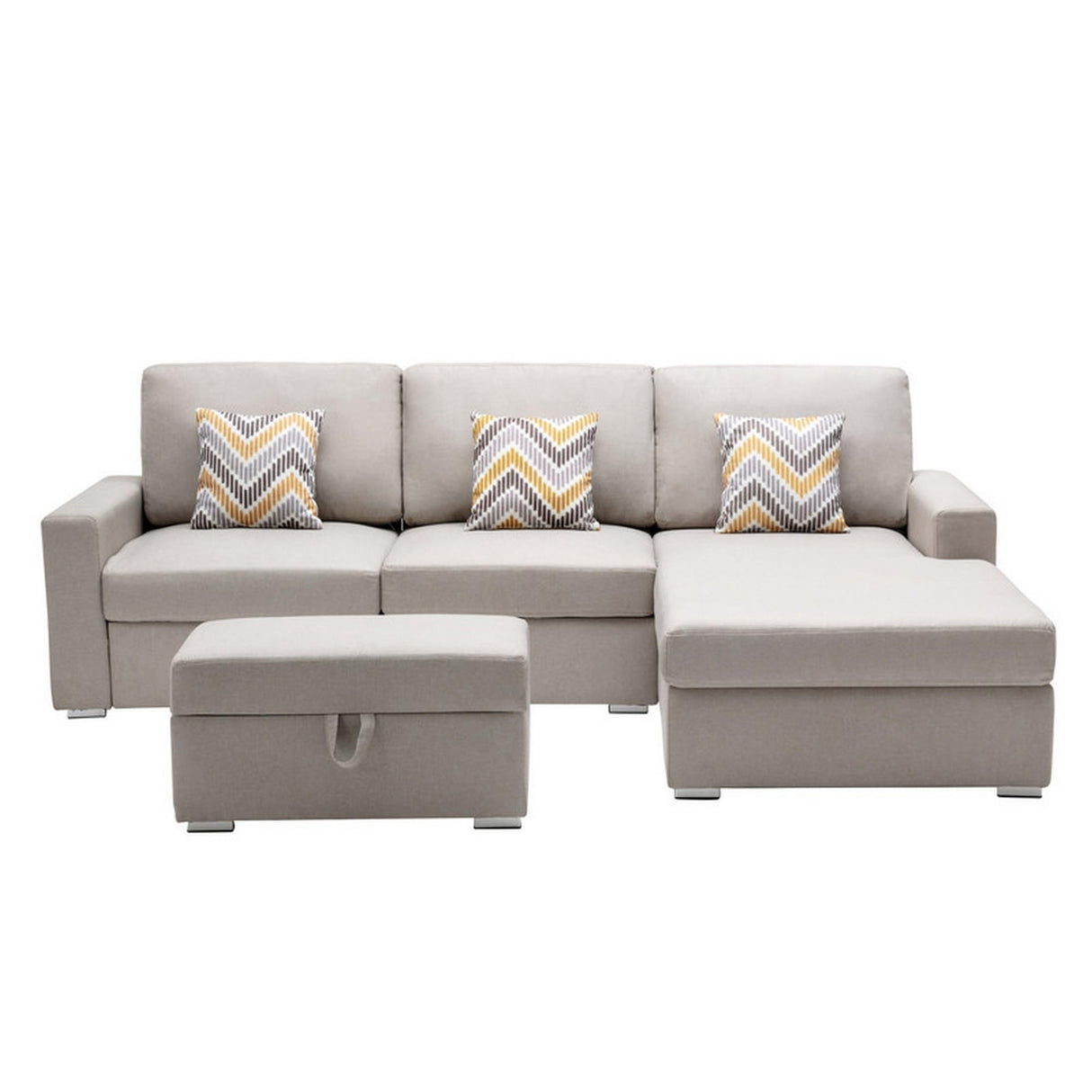 Lini 4 Piece L Shape Sofa, Reversible Chaise, Ottoman, 3 Pillows, Beige