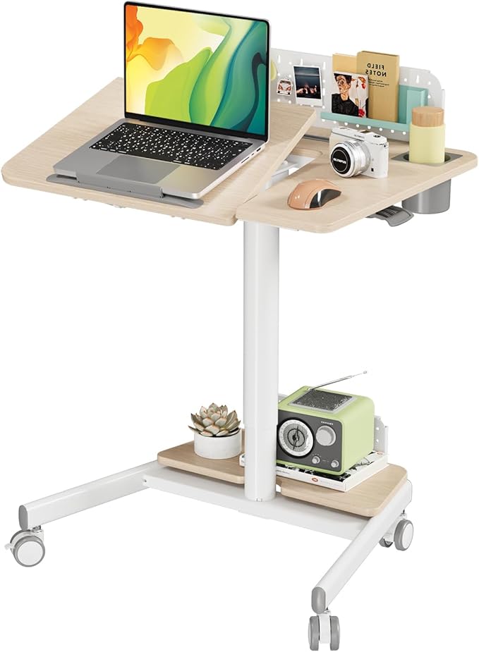 Mobile Standing Desk with 60° Tiltable Desktop, 28" Height Adjustable Rolling Desk