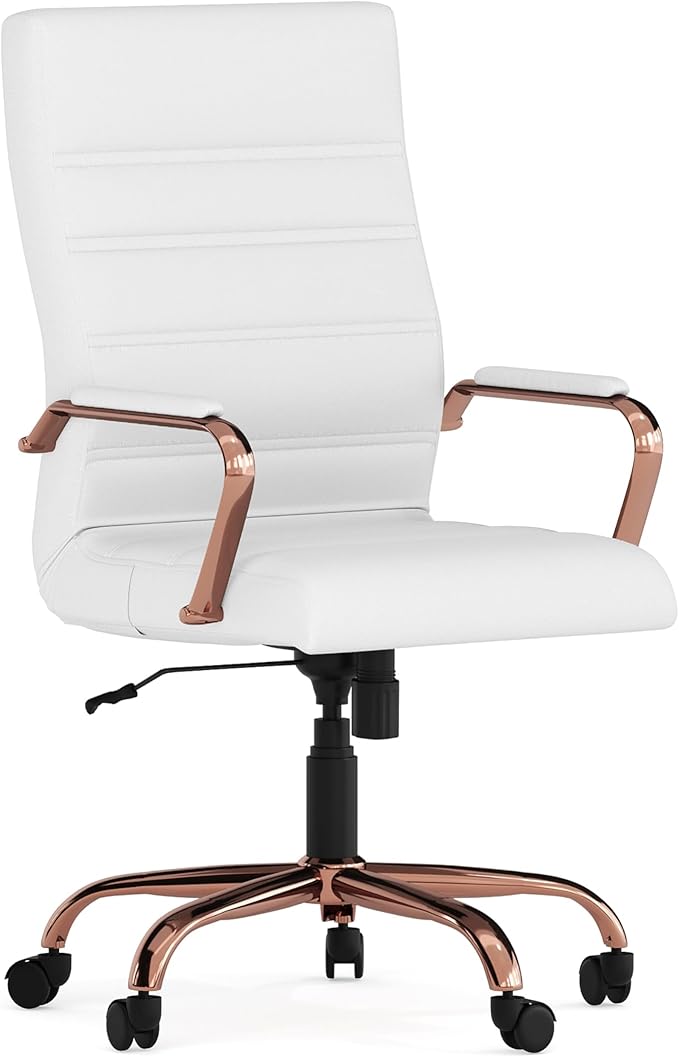 -Back Swivel LeatherSoft Desk Chair with Padded Seat and Armrests, Adjustable Height Padded Office Chair, White/Chrome