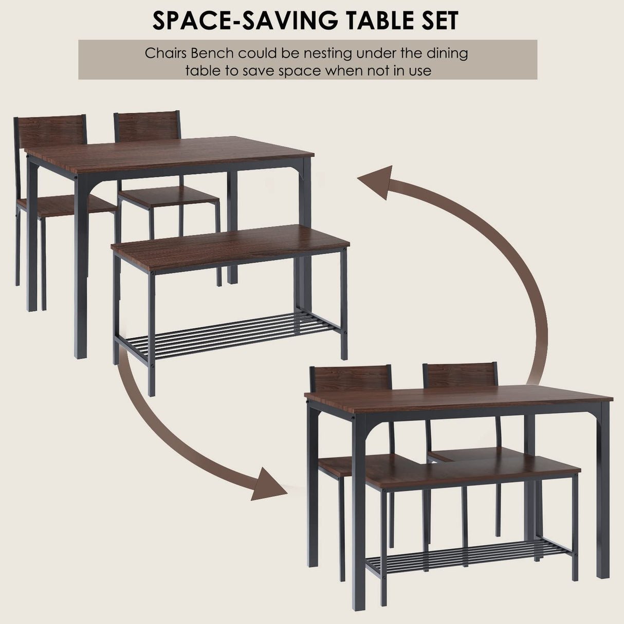 4-Piece Kitchen Table and 2 Chairs for 4 with Bench, Dining Table Set for Small Space