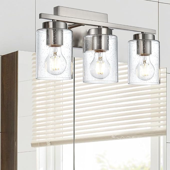Bathroom Vanity Light,3 Light Brushed Nickel Light Fixture with Thickened Seeded Glass