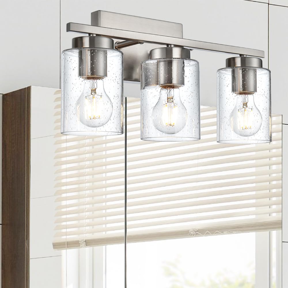 Bathroom Vanity Light,3 Light Brushed Nickel Light Fixture with Thickened Seeded Glass