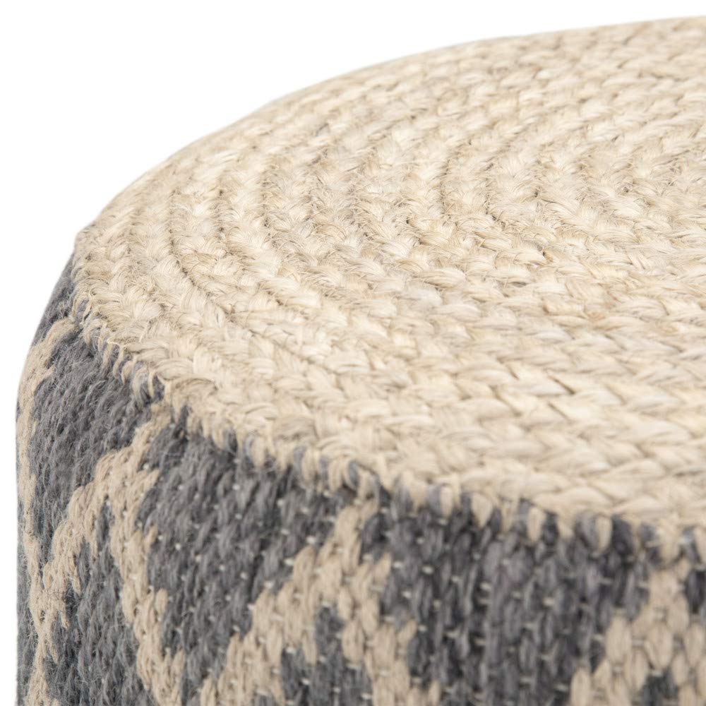 Edgeley Round Pouf, Footstool, Upholstered in Grey, Natural Woven Braided Jute
