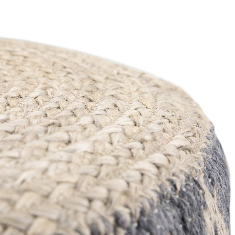 Edgeley Round Pouf, Footstool, Upholstered in Grey, Natural Woven Braided Jute