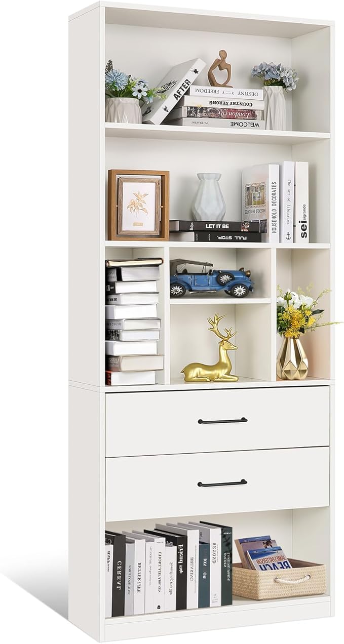 White Bookshelf, 71" Tall Bookcase with 2 Drawers, Wooden Bookcases 4-Tier Open Shelves