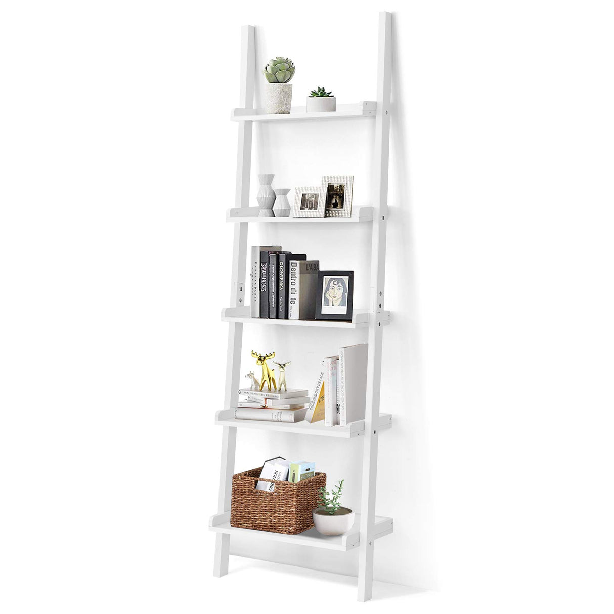 FANTASK White Ladder Shelf, Elegant 5-Tier Leaning Bookshelf, Wood Plant Flower Stand, Stable Storage Rack Shelves for Living Room, Office, Kitchen, Home
