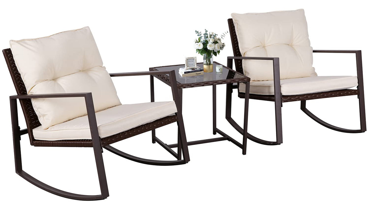 3-Piece Patio Bistro Set Outdoor Rocking Chairs Set Brown Wicker Porch Chairs