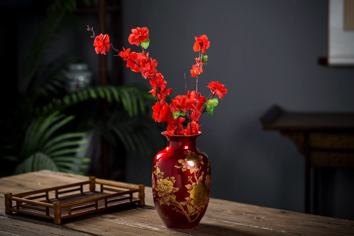 Red Vase Oriental Ceramic Flower Vases Decorated with Peony Design